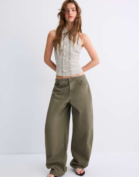 Stradivarius top halter a quadri color kaki - view 1