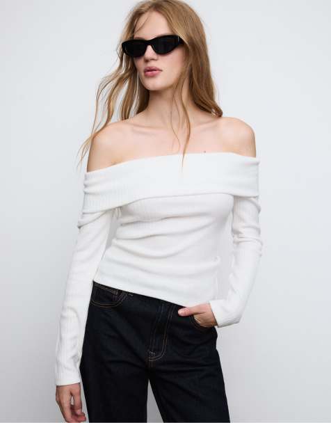 Stradivarius - Top in maglia écru con spalle scoperte - view 1