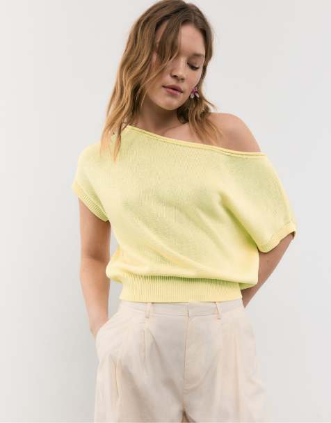 Stradivarius - Top in maglia grezza giallo pastello con scollo a barchetta - view 1
