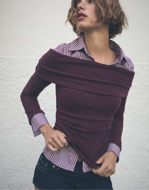 Stradivarius - Top in maglia viola raccolto con spalle scoperte - view 1