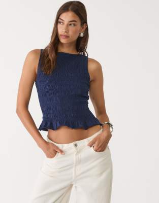 Stradivarius - Top in Marineblau mit Strukturmuster