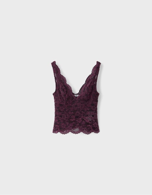 Stradivarius top in pizzo con spalline larghe viola, 6 di 7