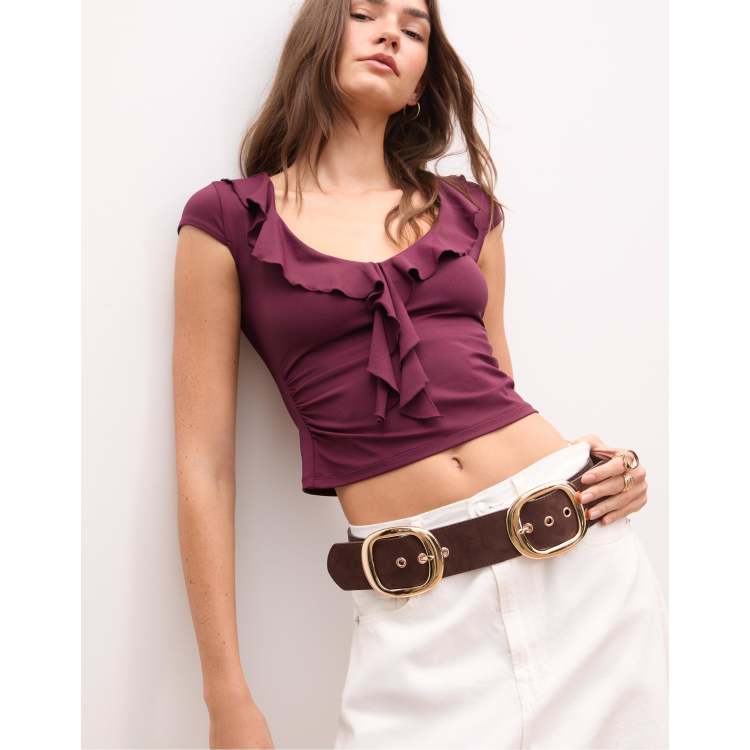 Stradivarius - Top Col V à Volants Et Imprimé Animal - Noir