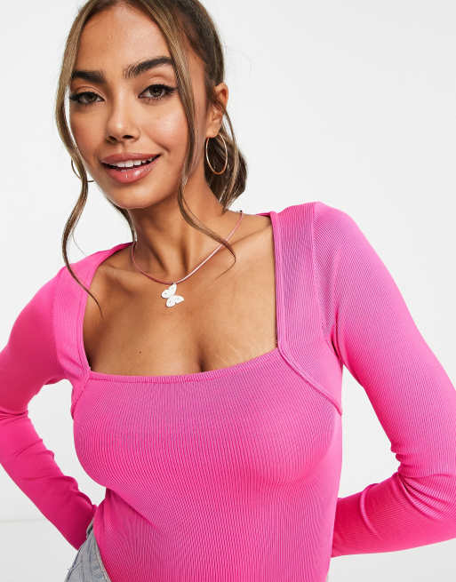 Stradivarius - Top manches longues à décolleté carré - Rose vif