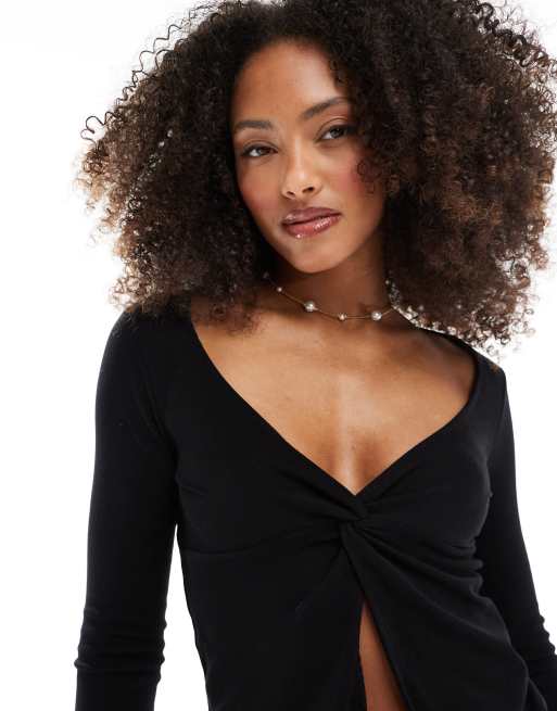 Stradivarius - Top manches longues en jersey avec nœud sur le devant - Noir, 2 de 4