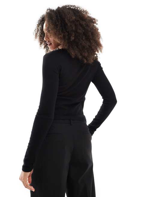 Stradivarius - Top manches longues en jersey avec nœud sur le devant - Noir, 4 de 4