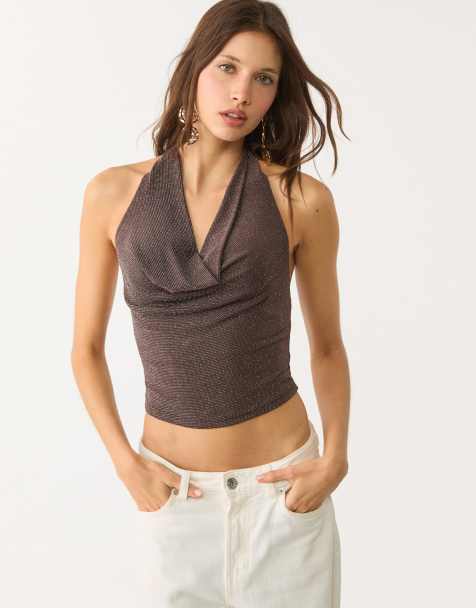 Stradivarius - Top marrone glitterato allacciato al collo - view 1
