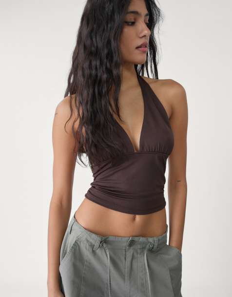 Stradivarius - Top marrone raccolto allacciato al collo - view 1
