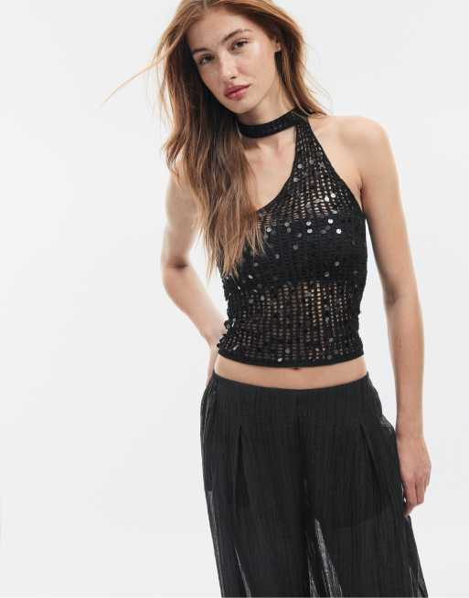 Stradivarius top med pailletter og tørklædeeffekt i sort, 5 af 7