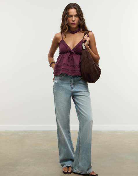 Stradivarius - Top met bandjes en kanten rand in paars - view 1