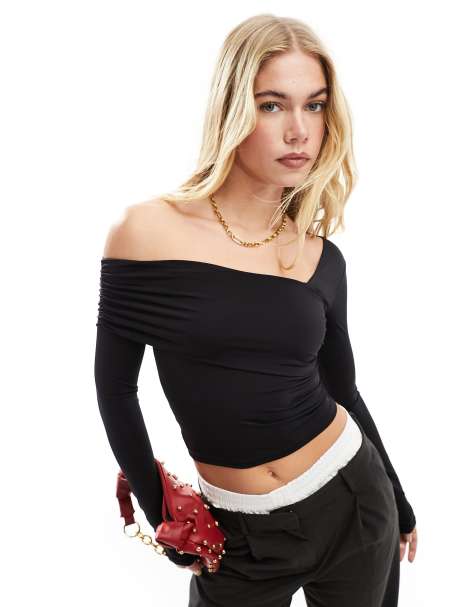 Stradivarius - Top met gedrapeerd detail en lange mouwen in zwart - view 1