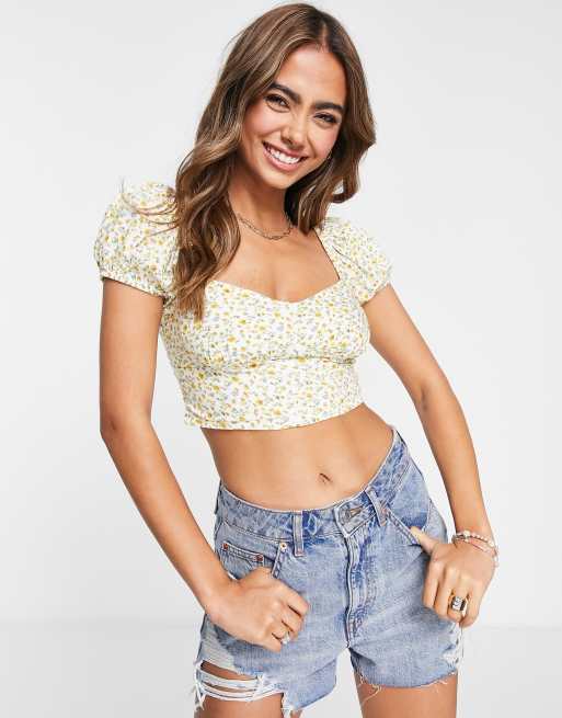 Stradivarius - Top met korset en pofmouwen in gele bloemenprint, 3 van 4