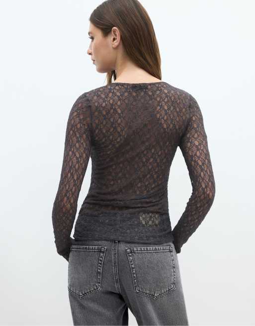 Stradivarius top met lange mouwen van kant in donkergrijs, 3 van 7