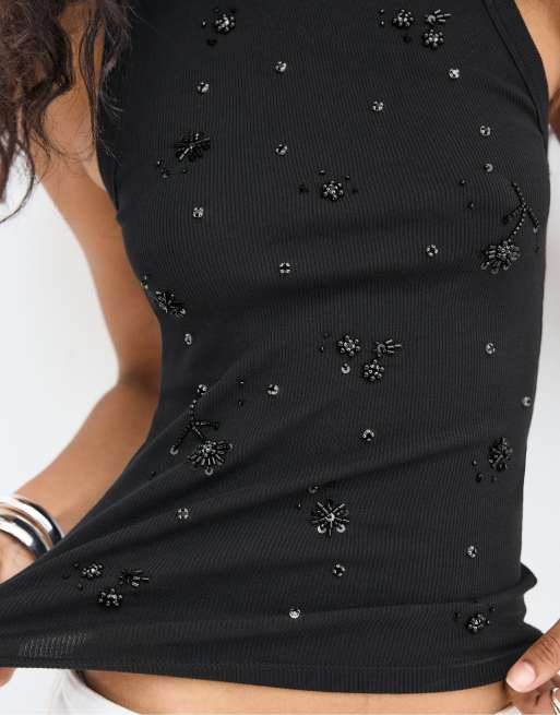 Stradivarius - Top met racerback en siersteentjes in zwart, 4 van 4