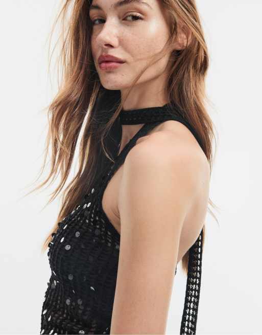 Stradivarius Top mit Pailletten und Schal in Schwarz, 4 von 7