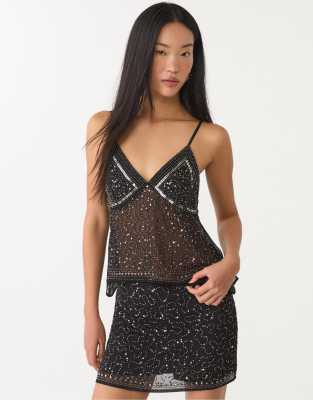 Stradivarius - Top nero ricamato con spalline sottili - view 1