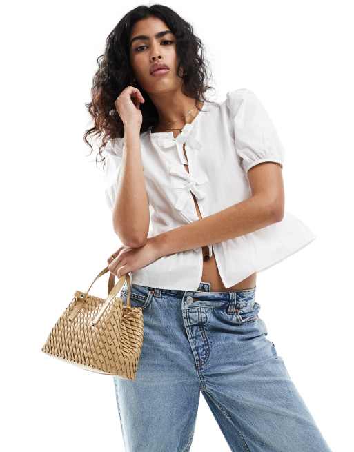 Stradivarius - Top noué devant à manches bouffantes - Blanc