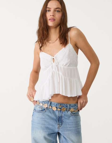 Stradivarius - Top oversize bianco con volant e ricamo - view 1