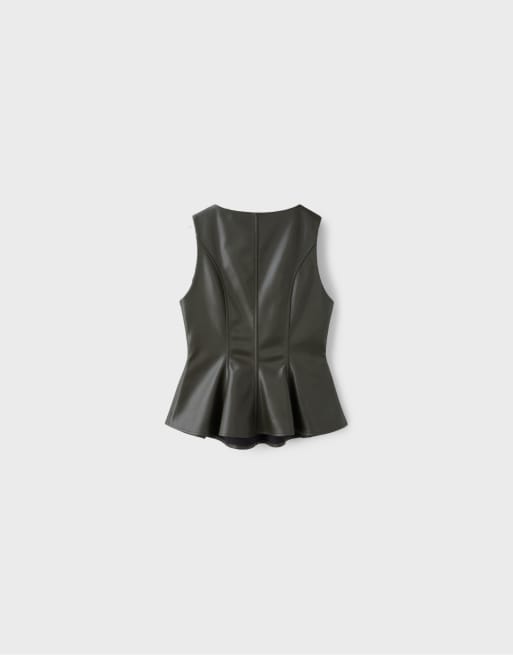 Stradivarius top peplo effetto pelle senza maniche color khaki, 7 di 7