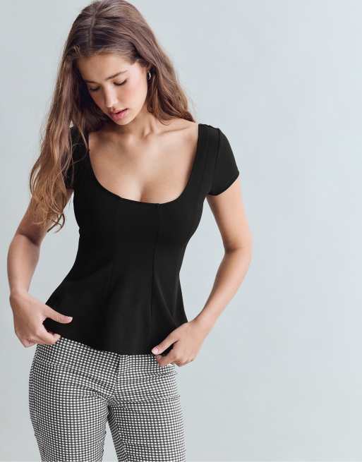 Stradivarius top péplum à manches courtes noir, 4 de 6