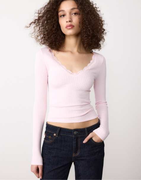 Stradivarius - Top sans coutures avec dentelle - Rose saumon - view 1