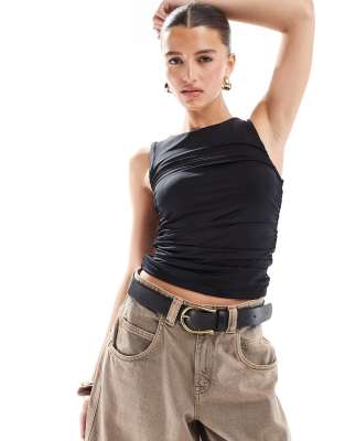 DESIGN - Top Senza Maniche Accollato E Raccolto Sul Lato In Pizzo Trasparente Rosa Con - Foto 9