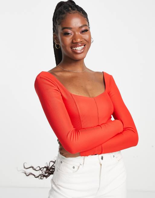 Stradivarius - Top strutturato a corsetto con maniche lunghe rosso a coste