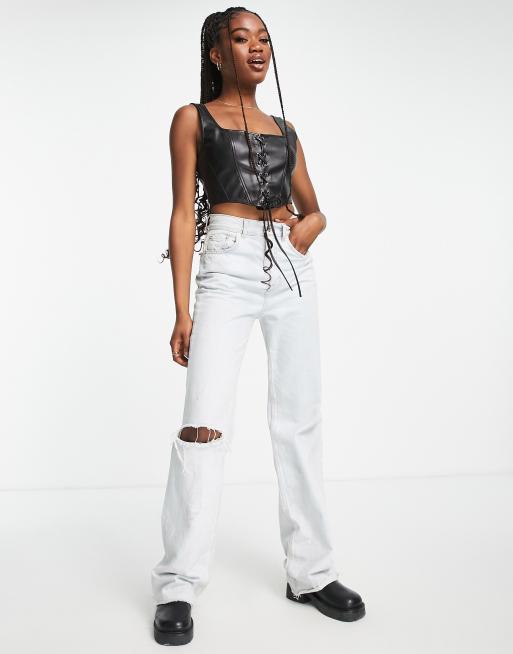 Stradivarius - Top style corset à lacets en imitation cuir - Noir , 4 de 4