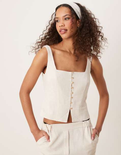 Stradivarius - Top style gilet de tailleur en tissu aspect lin à encolure carrée - Écru - view 1