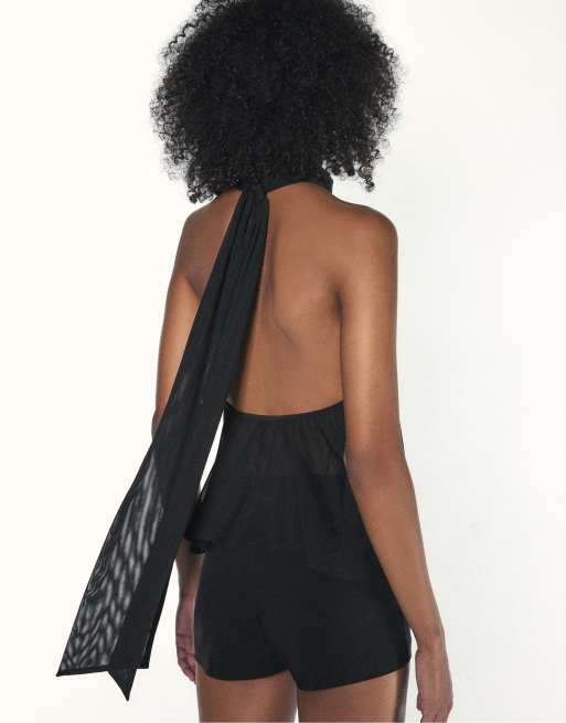 Stradivarius top van geprint tule met halter en sjaaldetail in zwart, 3 van 7