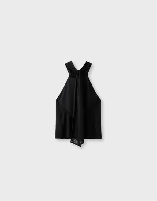 Stradivarius top van geprint tule met halter en sjaaldetail in zwart, 7 van 7