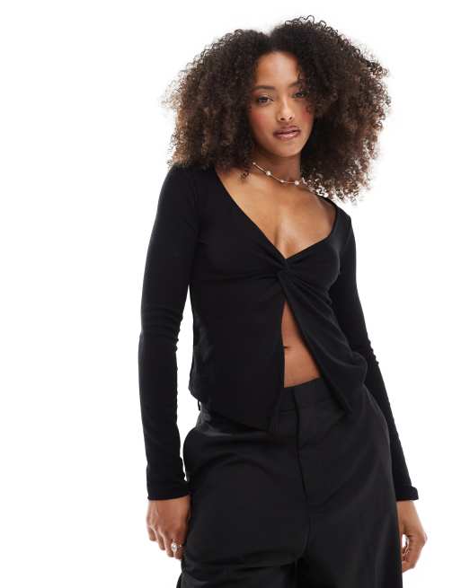 Stradivarius - Top van jersey met knoop aan de voorkant en lange mouwen in zwart