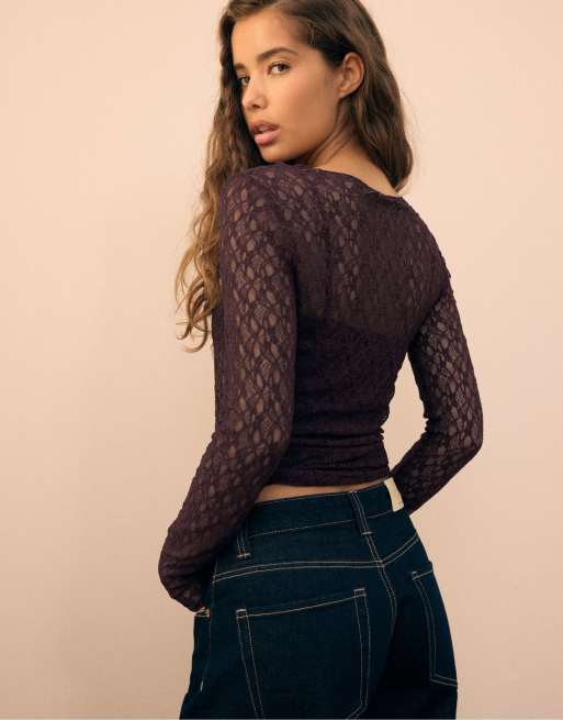 Stradivarius top van kant met lange mouwen in paars, 3 van 7