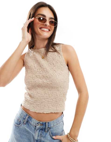 Stradivarius - Top van kreukelstof met boothals in beige - view 1