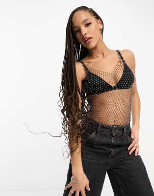 Stradivarius - Top van netstof met V-hals en versiering in zwart 
