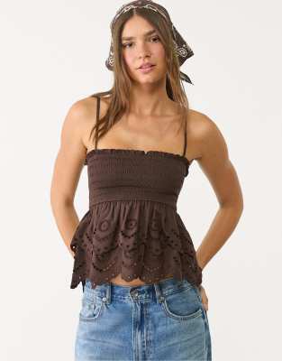 Top volanté à broderies - Marron XS