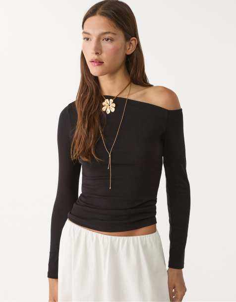 Stradivarius Top with asymmetric neckline in black