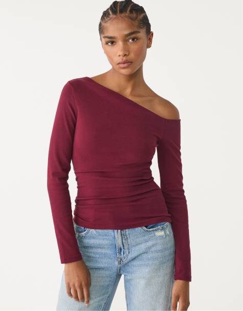 Stradivarius Top with asymmetric neckline in purple - view 1