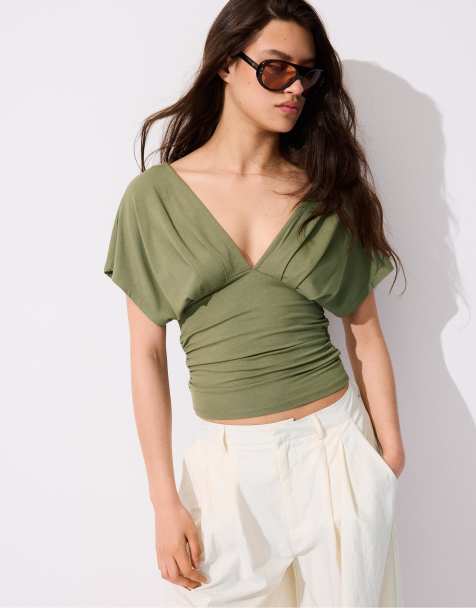 Stradivarius Top with gathered v-neckline in olive green - view 1