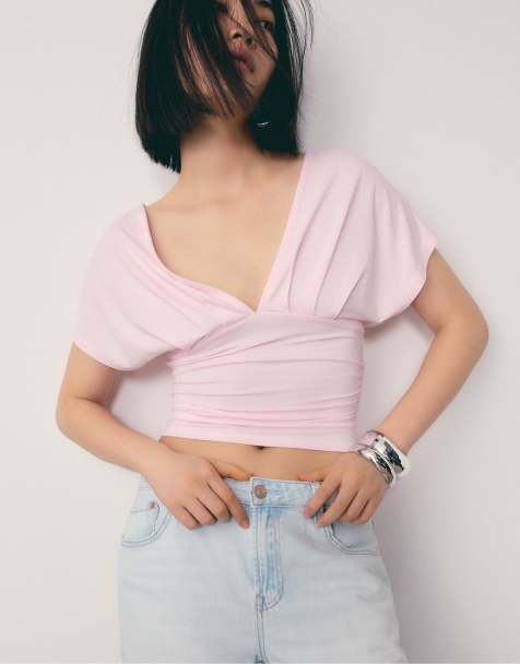 Stradivarius Top with gathered v-neckline in salmon pink - view 1