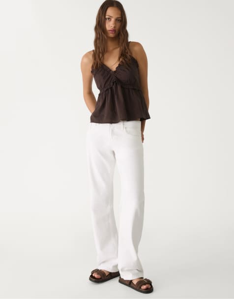Stradivarius top with tie-up straps in brown - view 1
