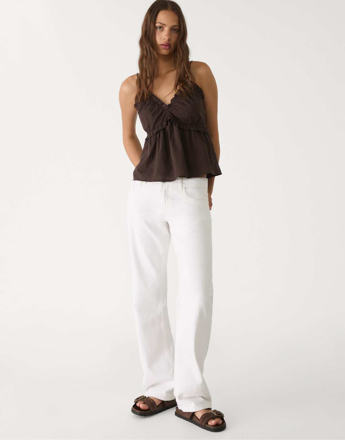 Stradivarius top with tie-up straps in brown