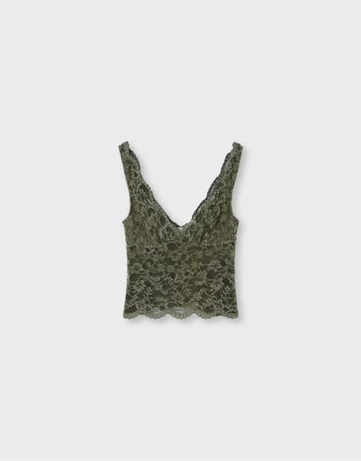 Stradivarius topp med breda axelband i khaki och spets, 6 av 7