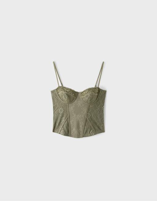 Stradivarius topp med spets och korsettinspirerad design i khaki, 6 av 7
