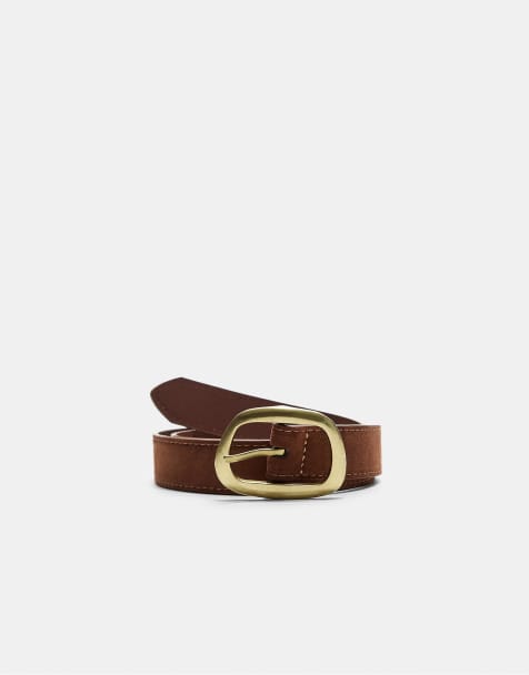 Stradivarius Topstitched belt with asymmetric buckle in brown - view 1