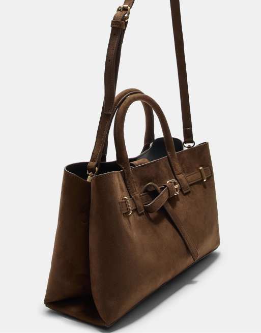 Stradivarius - Tote tas van imitatiesuède met riem in terracotta, 3 van 4