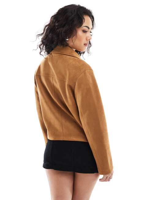 Stradivarius track jacket in brown faux suede | ASOS