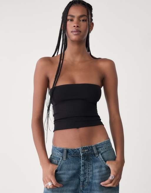 Stradivarius – Trägerloses Basic-Oberteil in Schwarz