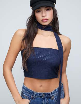 Stradivarius - Trägerloses Oberteil in Dunkelblau mit Strasssteinen und Schaldetail-Marineblau