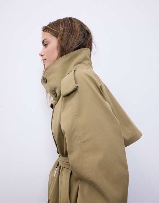 Stradivarius - Trench accollato verde oliva con cintura, 2 di 4